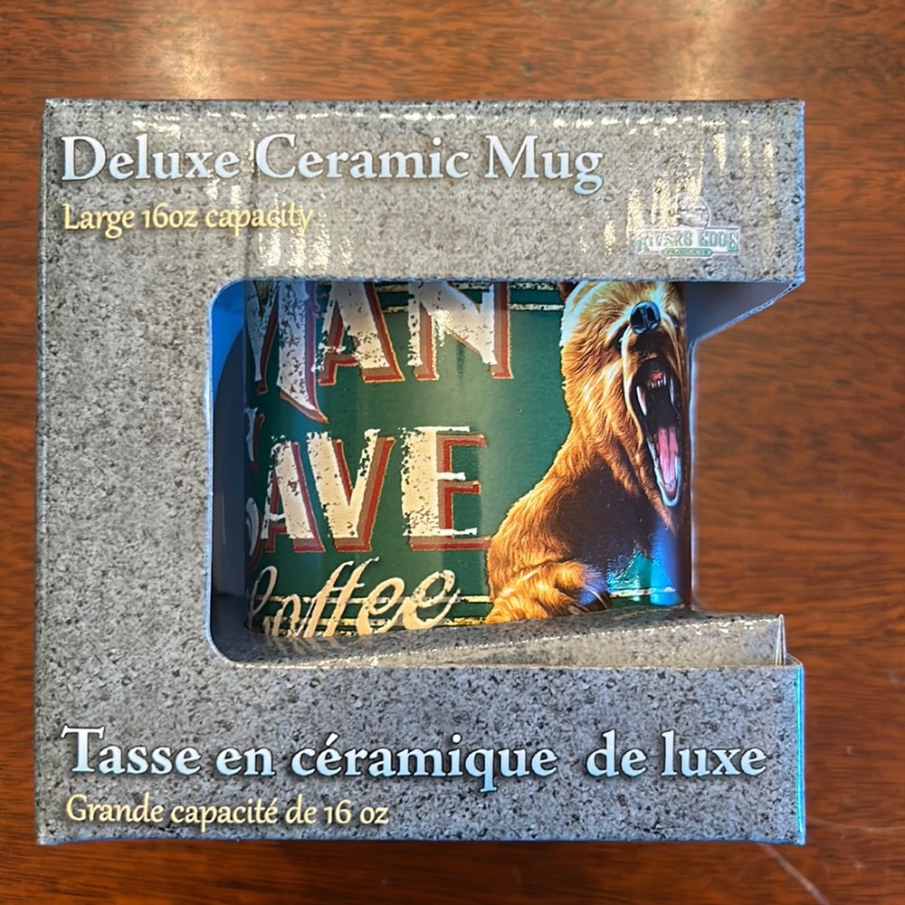 Deluxe Ceramic Mug, ‘Man Cave Coffee’ and Bear Motif, New in Box